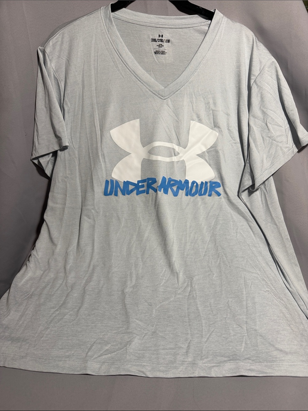 Under Armour Light Gray V-Neck Tee with White Logo and Blue Script